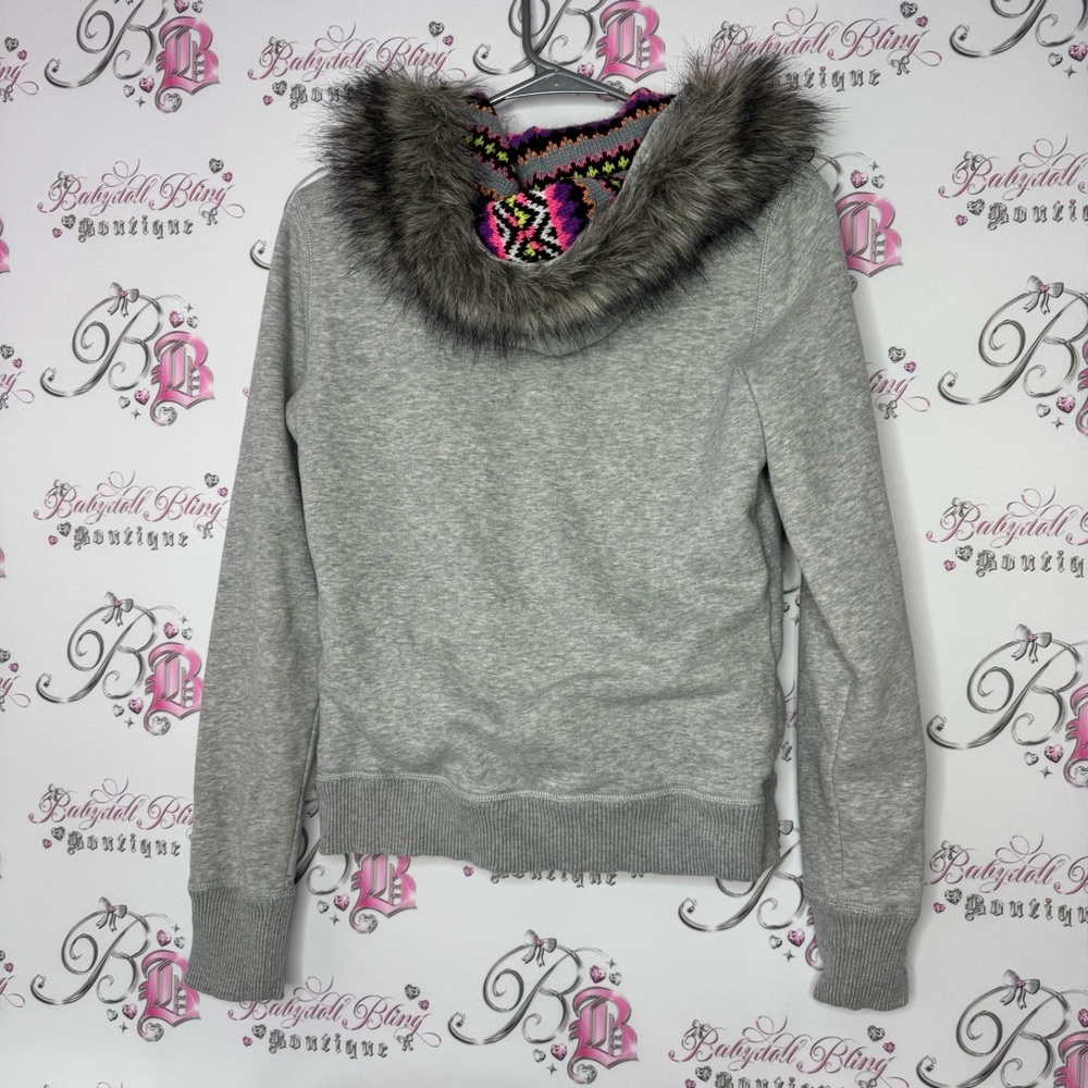 Aeropostale hoodie fur trim hood knit crochet neon inside hood zip up sweater - Picture 3 of 14